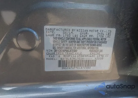 2019 Nissan Versa 1.6 Sv from USA, damaged, VIN 3N1CN7AP9KL872382